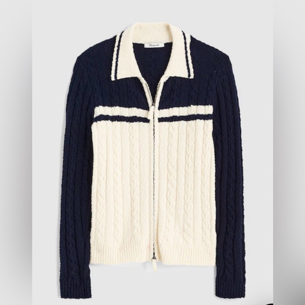 Madewell Cable Knit Zip Cardigan in Navy/Cream - Women’s XS